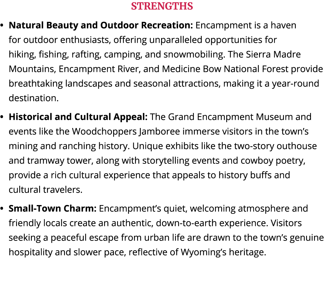 STRENGTHS Natural Beauty and Outdoor Recreation: Encampment is a haven for outdoor enthusiasts, offering unparalleled...