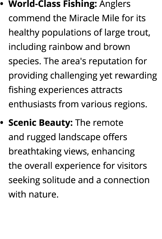 • World Class Fishing: Anglers commend the Miracle Mile for its healthy populations of large trout, including rainbow...