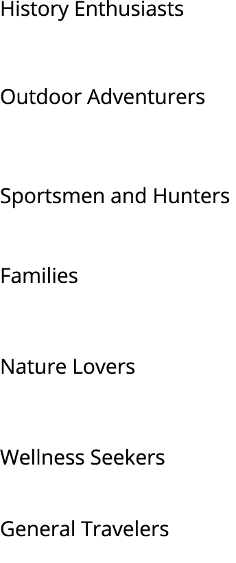 History Enthusiasts Outdoor Adventurers Sportsmen and Hunters Families Nature Lovers Wellness Seekers General Travelers