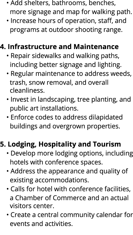 • Add shelters, bathrooms, benches, more signage and map for walking path. • Increase hours of operation, staff, and ...